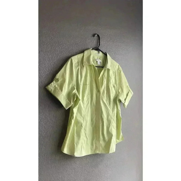 Chicos Womens Shirt 3 Yellow Green Rolled Sleeve Cotton Button Up Collared - Picture 3 of 7